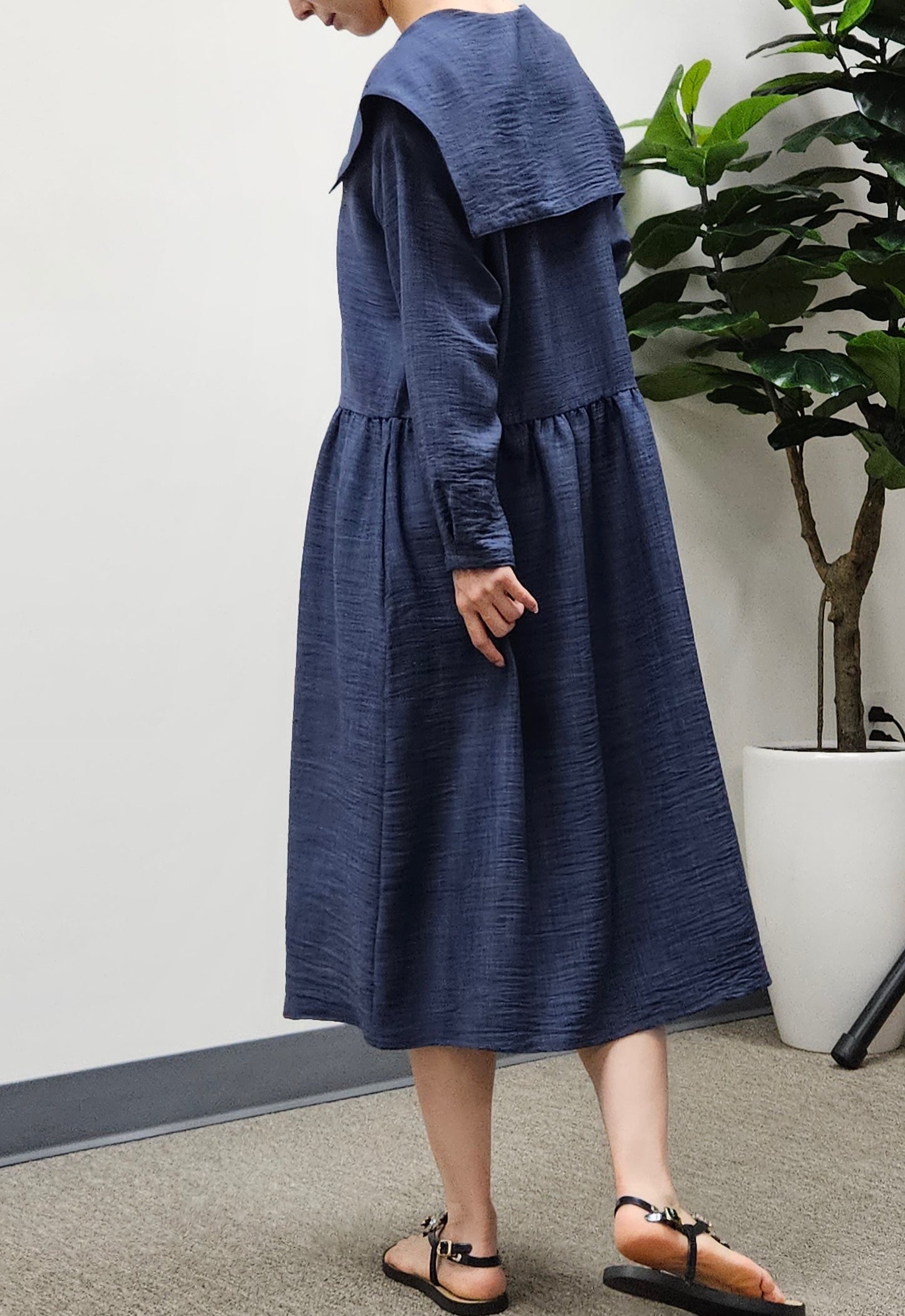 Linen Collared Casual  Navy Dress