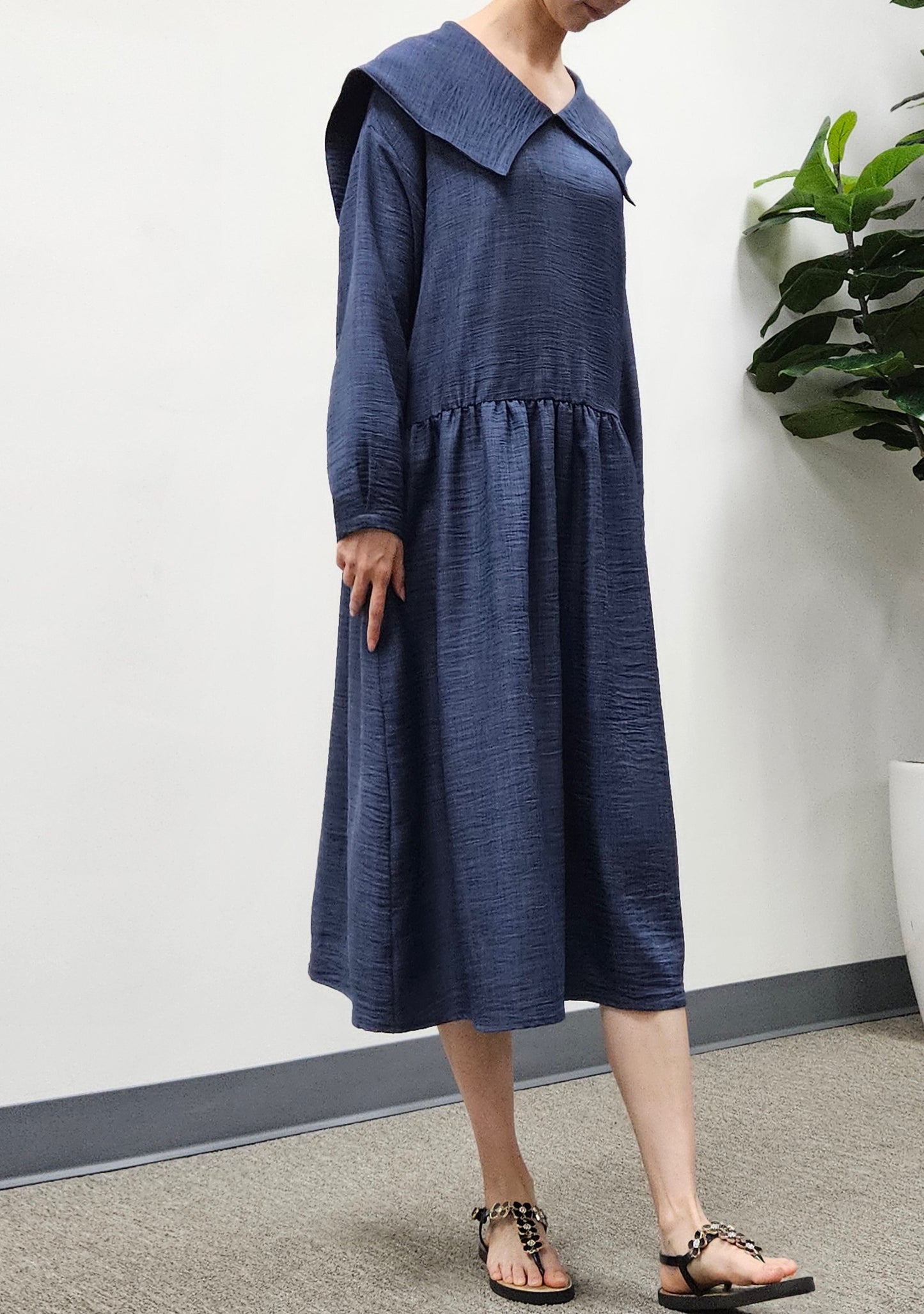 Linen Collared Casual  Navy Dress