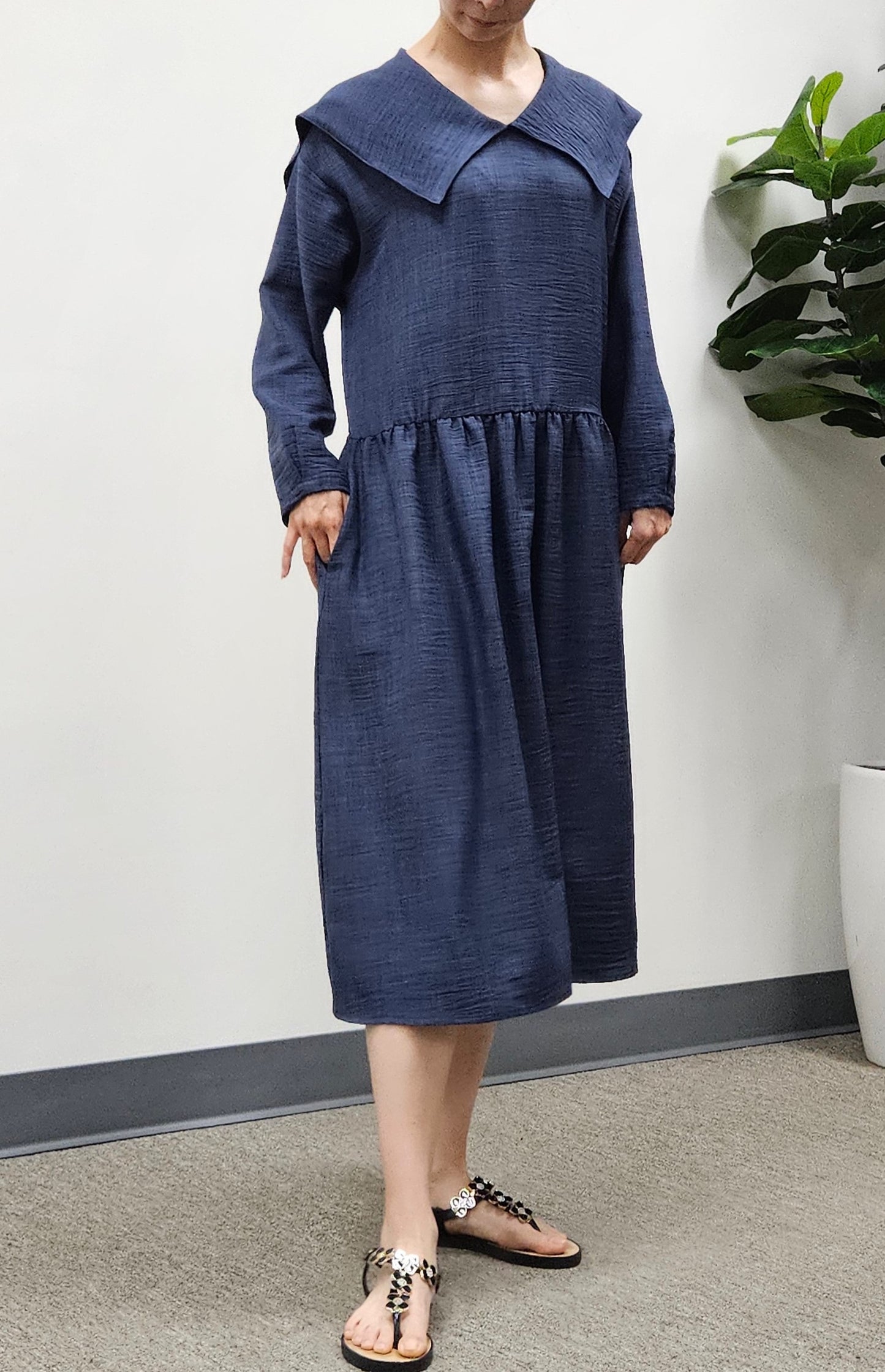 Linen Collared Casual  Navy Dress