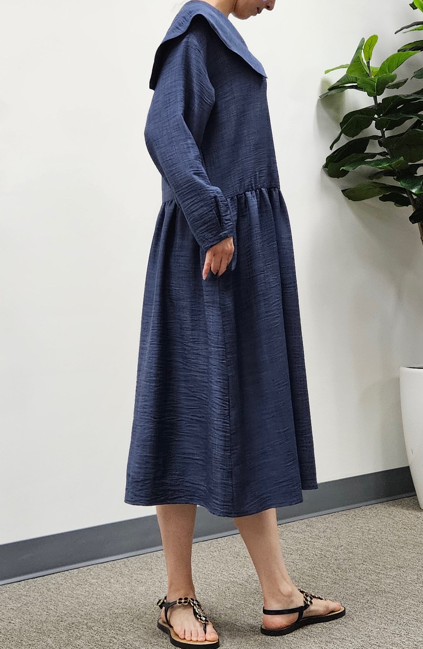 Linen Collared Casual  Navy Dress