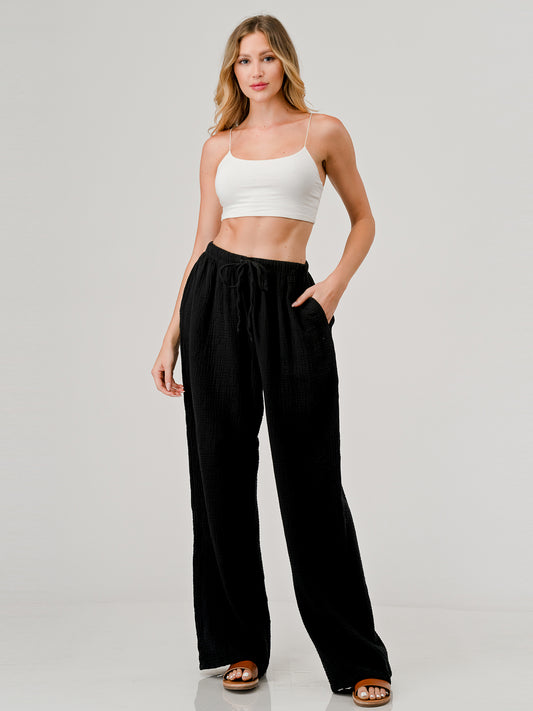 Cotton Double Gauze Relaxed Fit Elastic Waist Drawstring  pants