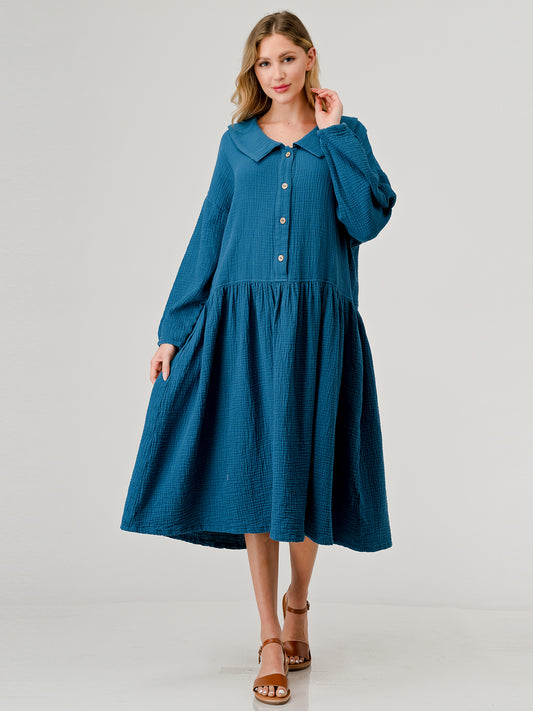 Cotton Double Gauze Collared Placket Relaxed Fit Casual Teal Dress