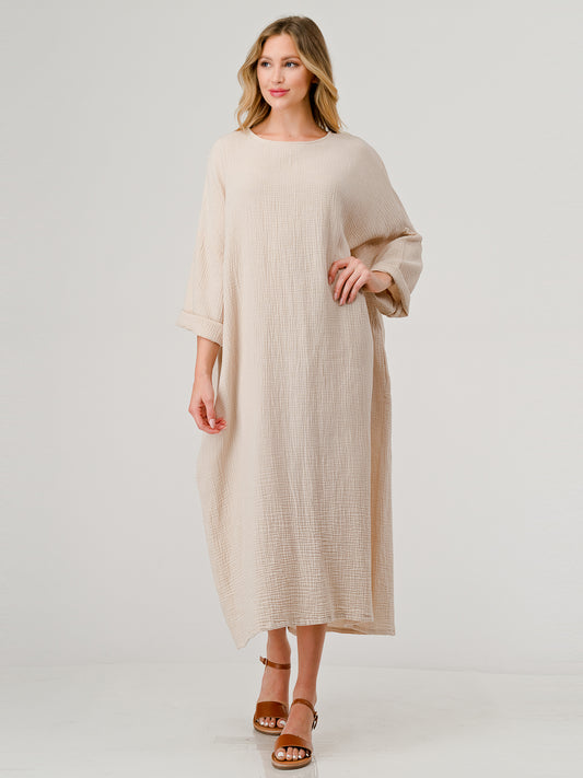 Cotton Double Gauze Drop Shoulder Relaxed Fit  Casual  Stone  Dress