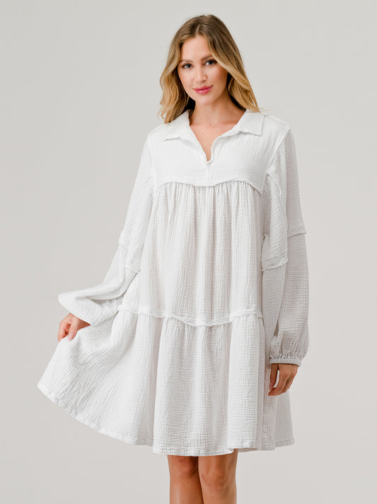 Cotton Double Gauze Collared  Casual With Puffy Sleeve Off White Dress