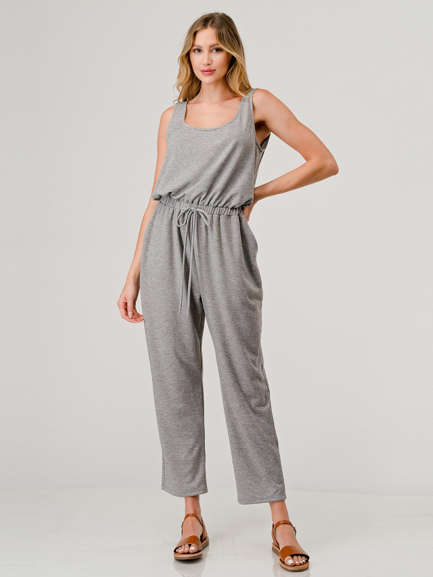 French Terry Relaxed Fit Sleeveless Elastic Waist Tapered Jumpsuit