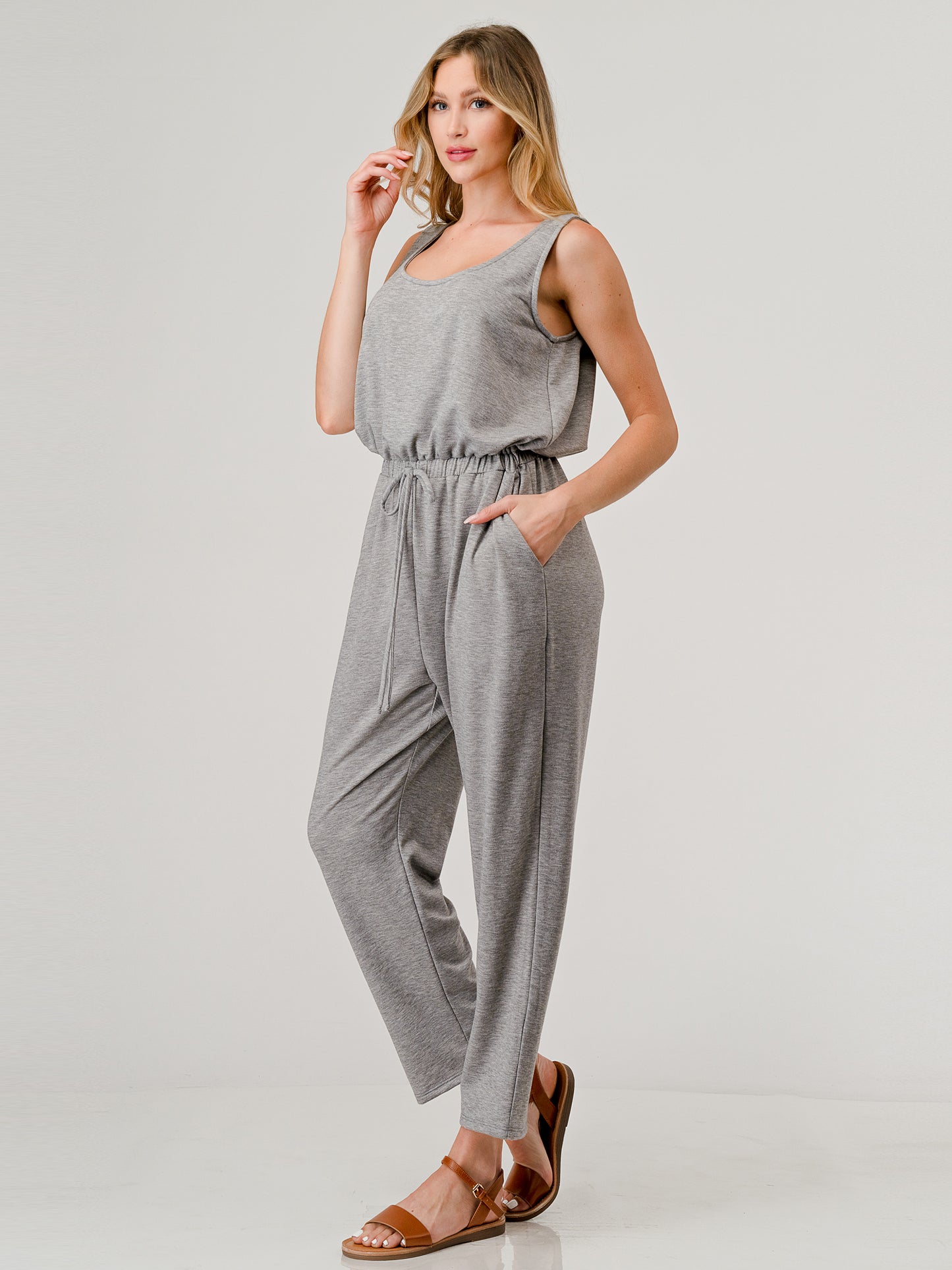 French Terry Relaxed Fit Sleeveless Elastic Waist Tapered Jumpsuit