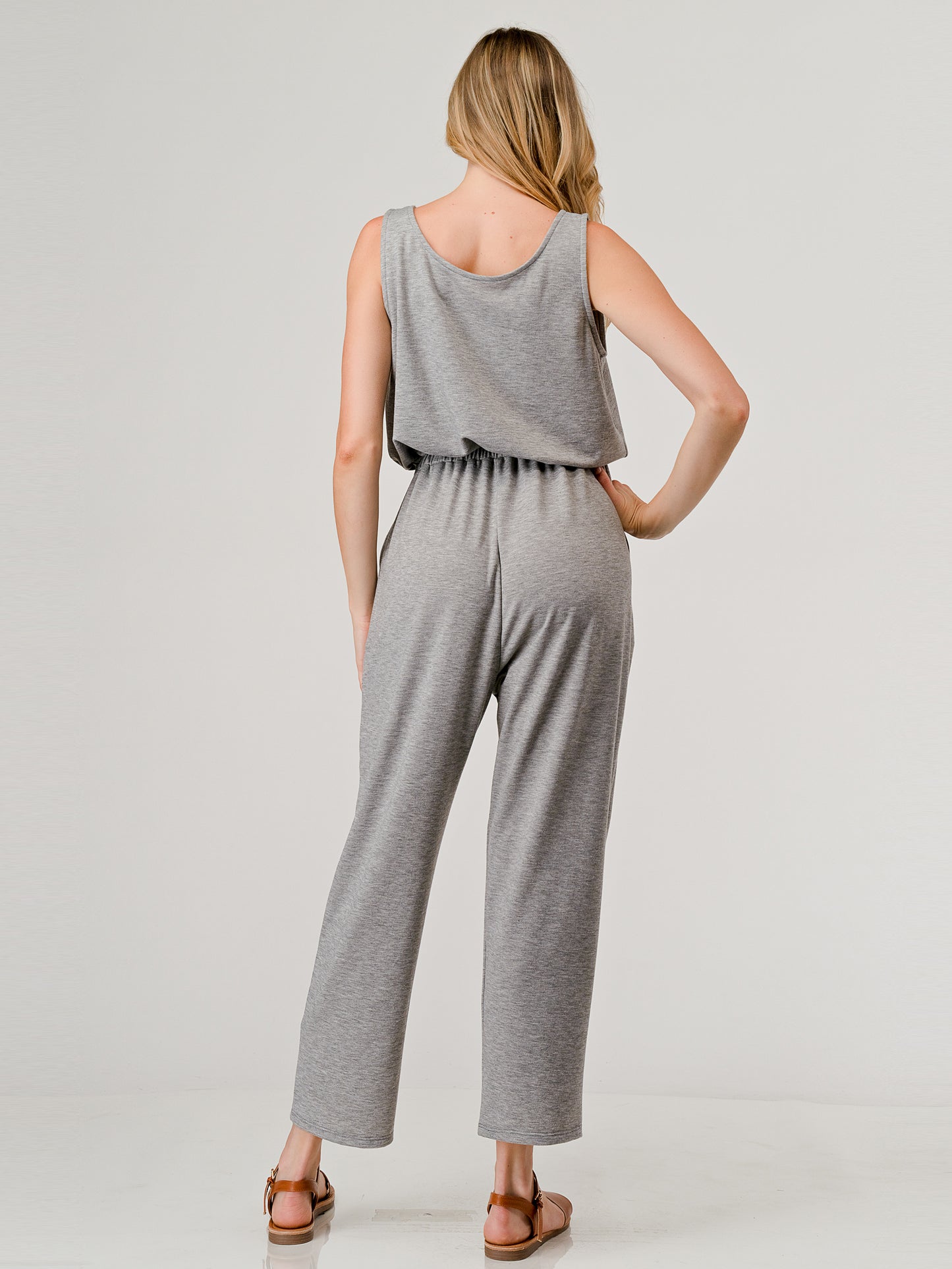 French Terry Relaxed Fit Sleeveless Elastic Waist Tapered Jumpsuit