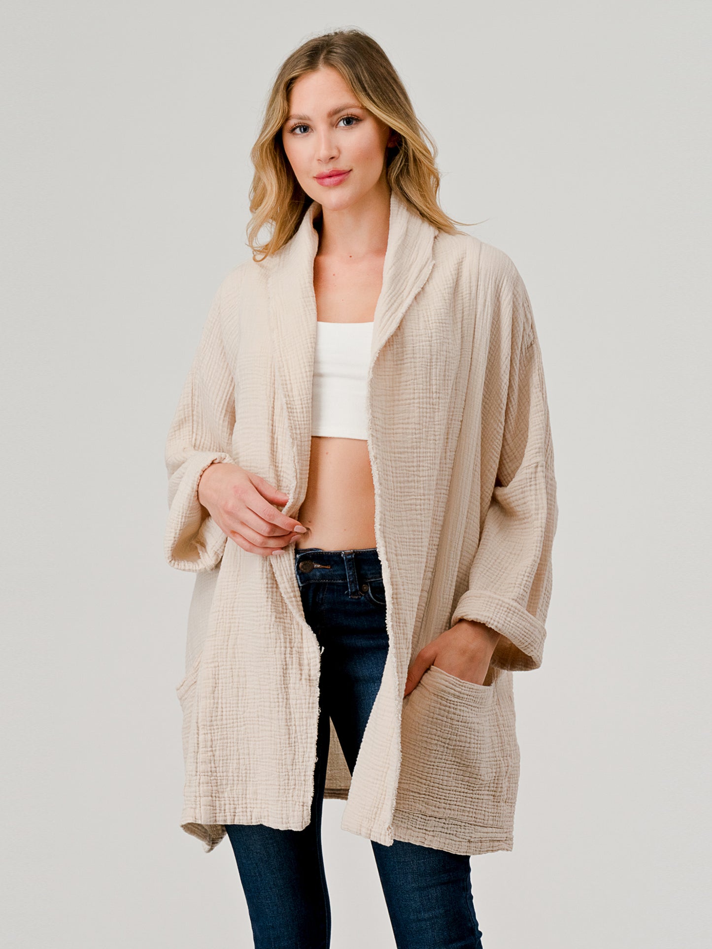 Cotton Double Gauze Relaxed Fit Shawl Collar Open Jacket