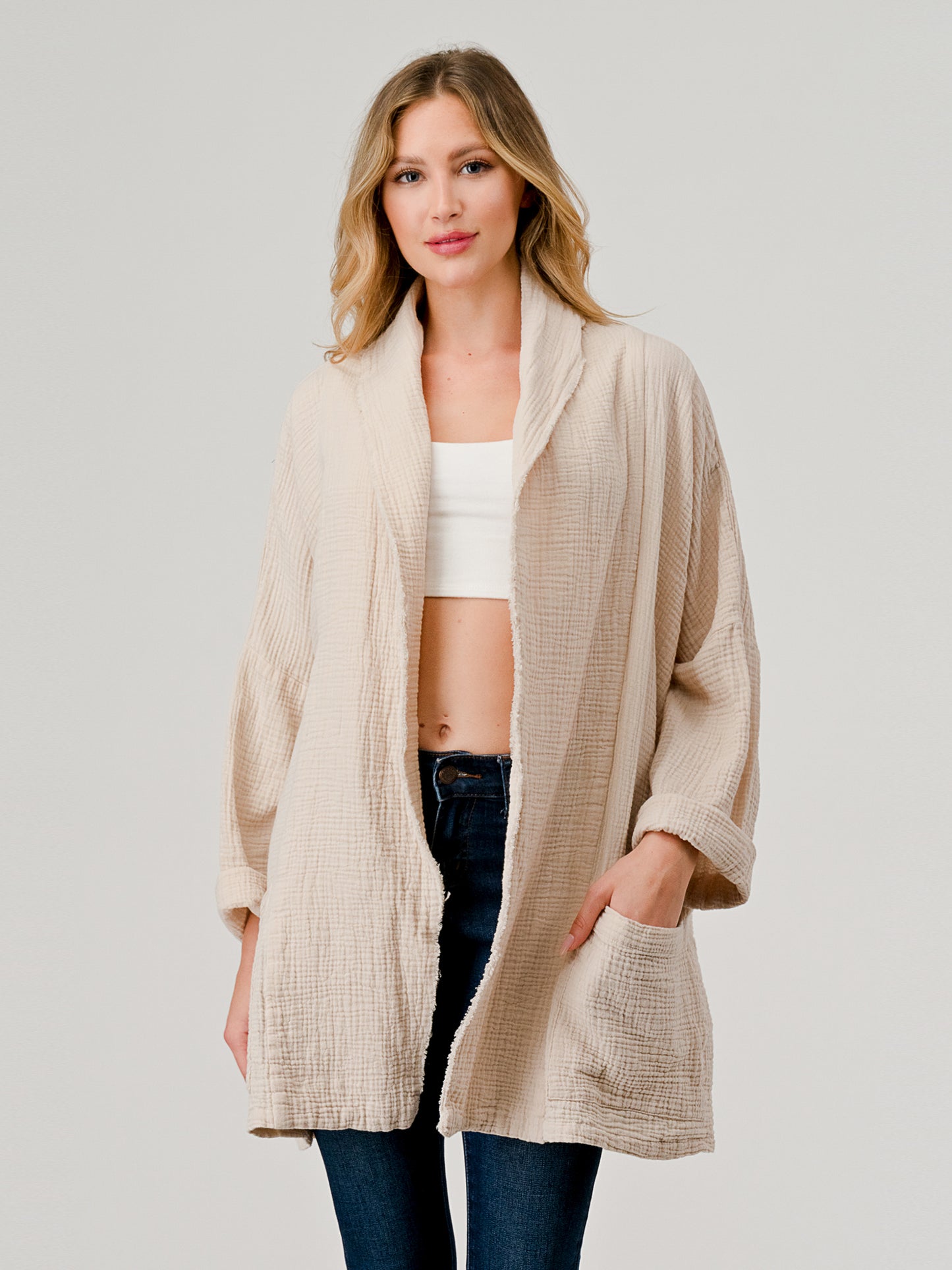 Cotton Double Gauze Relaxed Fit Shawl Collar Open Jacket