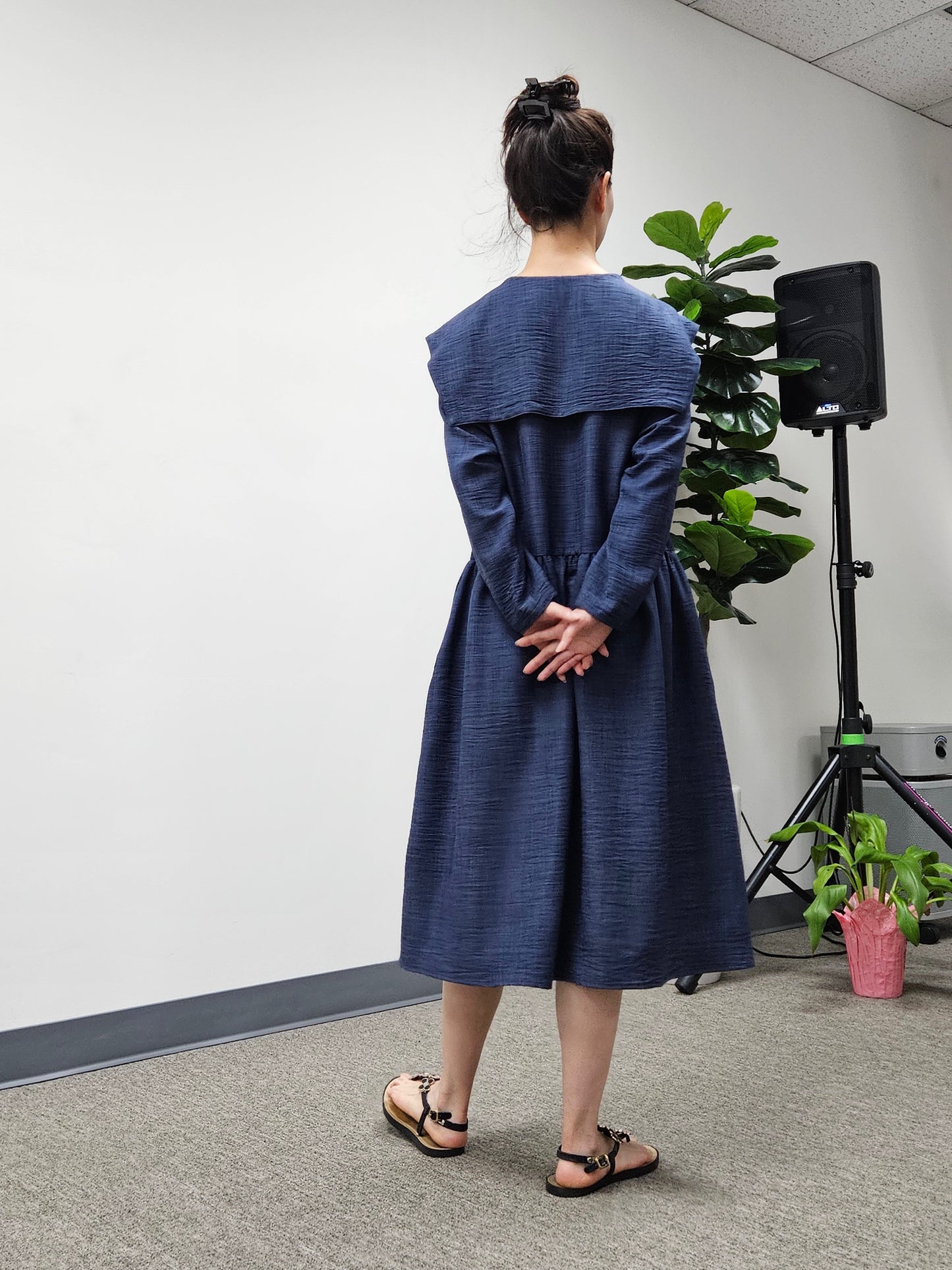 Linen Collared Casual  Navy Dress