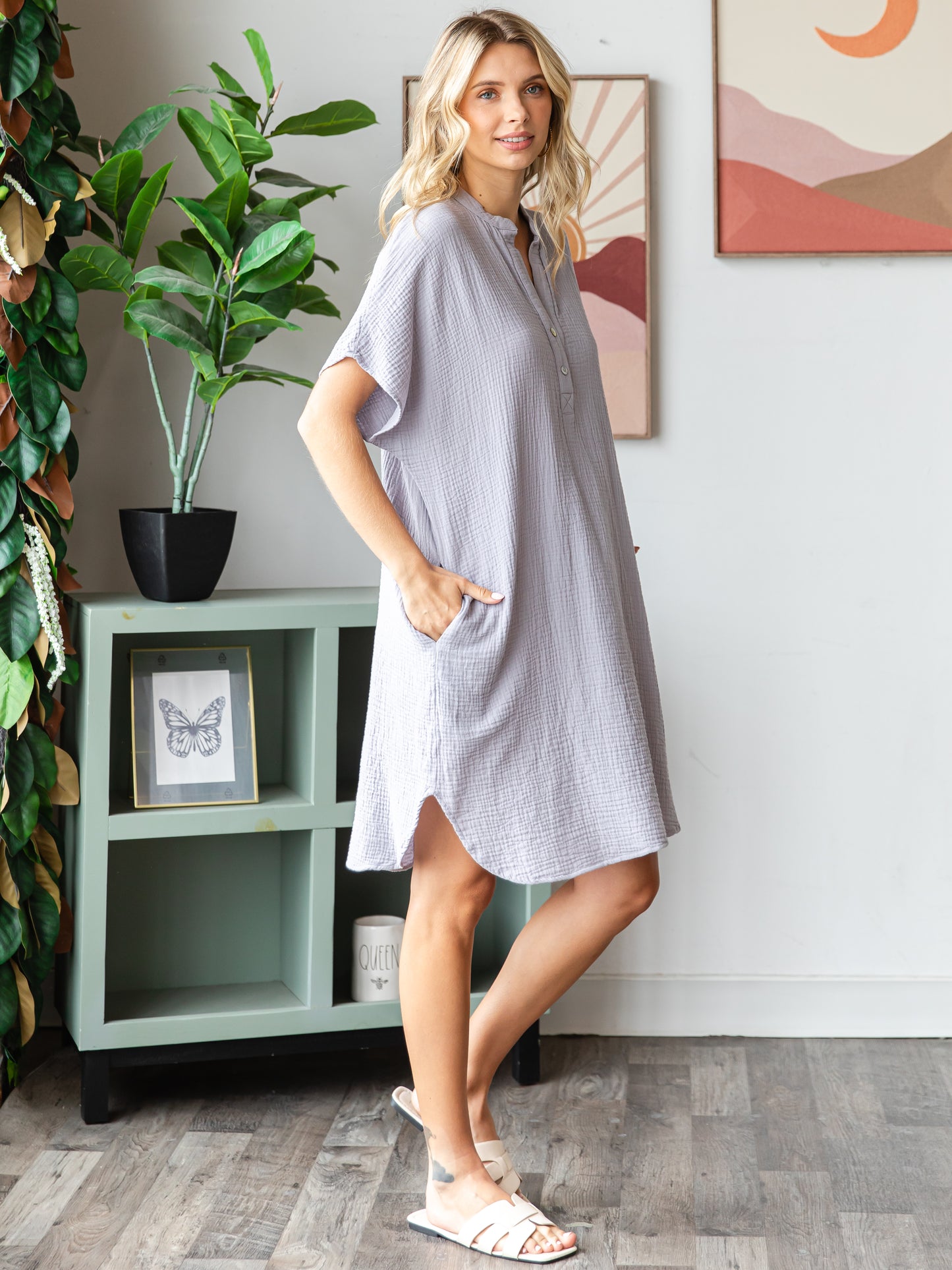 COTTON DOUBLE GAUZE Half Placket Midi Dress