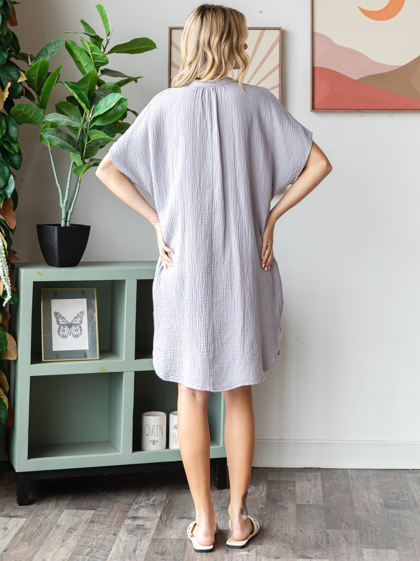 COTTON DOUBLE GAUZE Half Placket Midi Dress