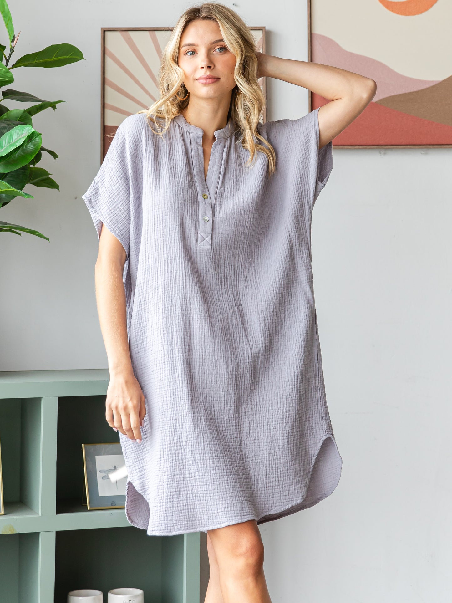 COTTON DOUBLE GAUZE Half Placket Midi Dress