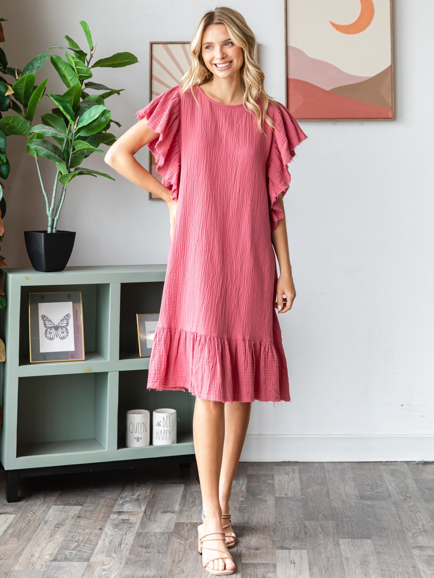 COTTON DOUBLE GAUZE Scalloped Top Sleeve Midi Dress