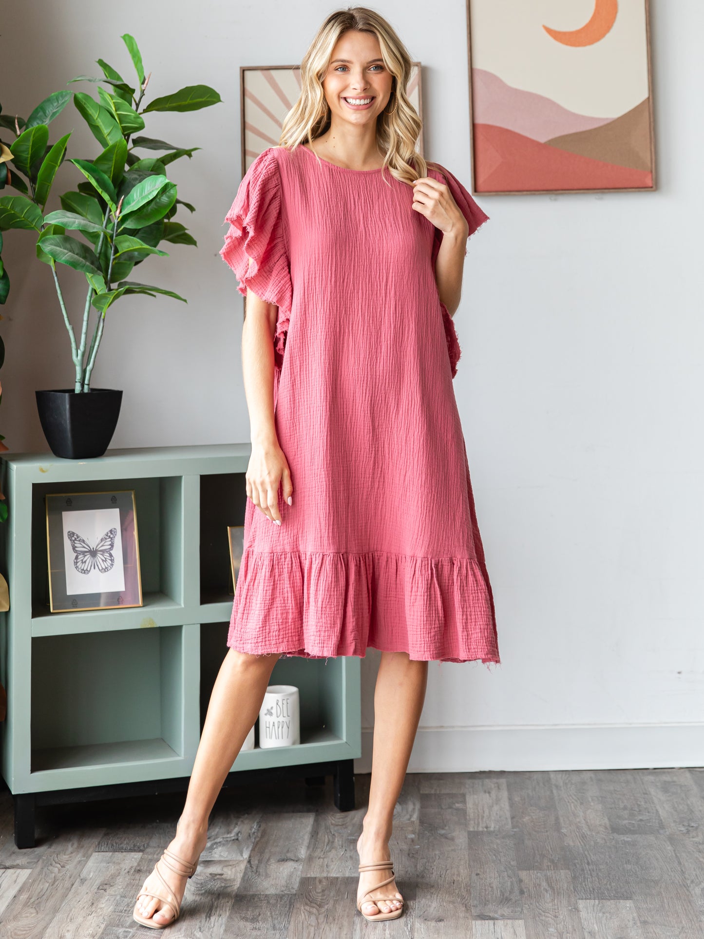 COTTON DOUBLE GAUZE Scalloped Top Sleeve Midi Dress