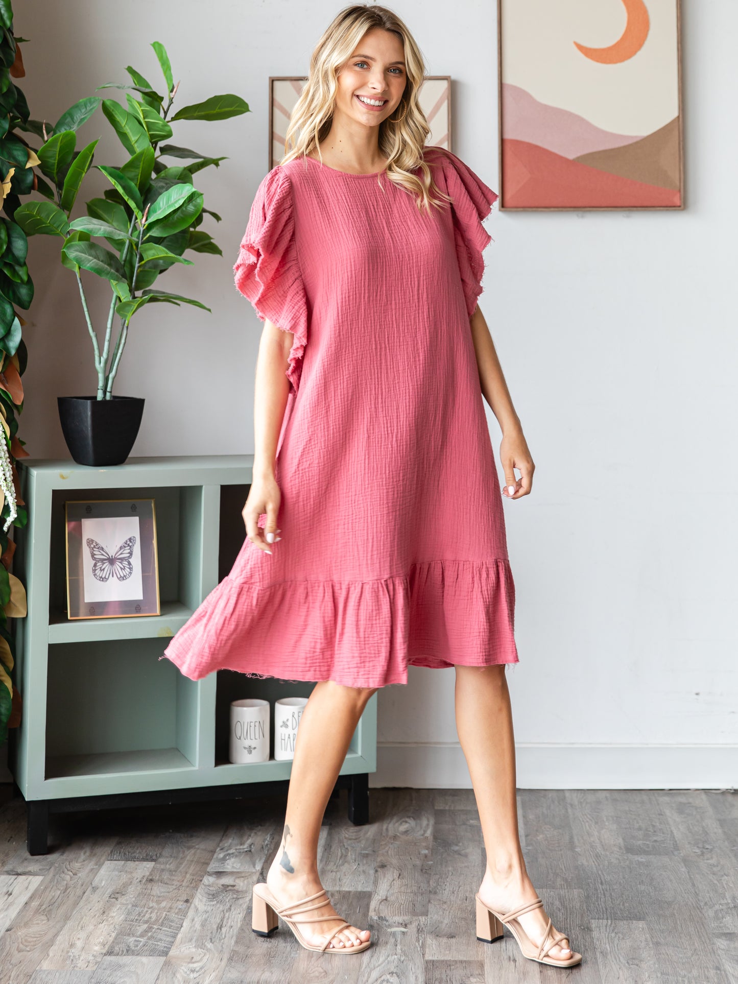 COTTON DOUBLE GAUZE Scalloped Top Sleeve Midi Dress