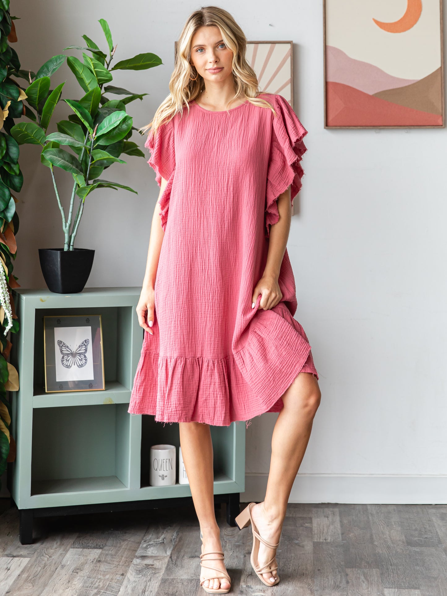 COTTON DOUBLE GAUZE Scalloped Top Sleeve Midi Dress