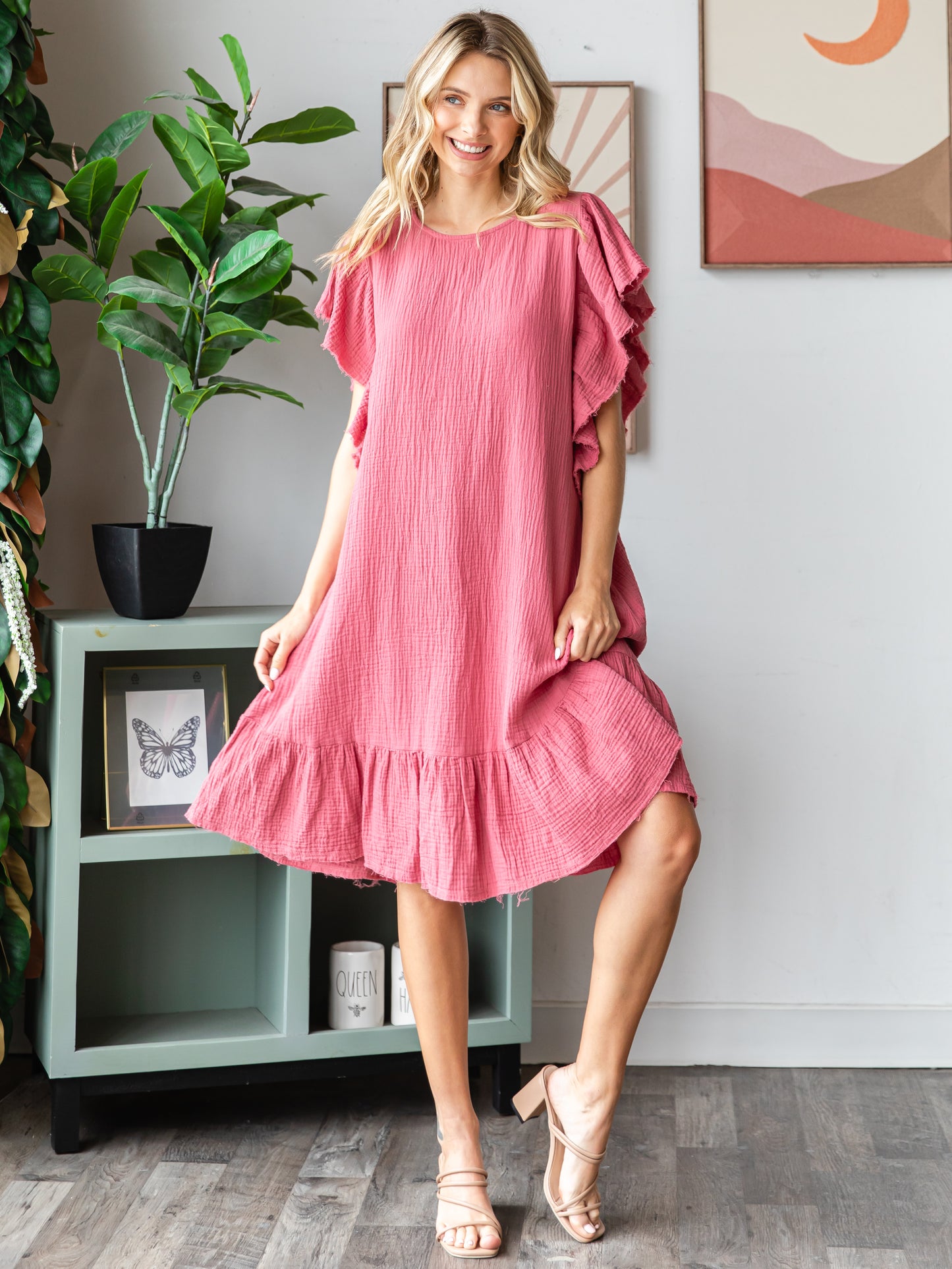 COTTON DOUBLE GAUZE Scalloped Top Sleeve Midi Dress