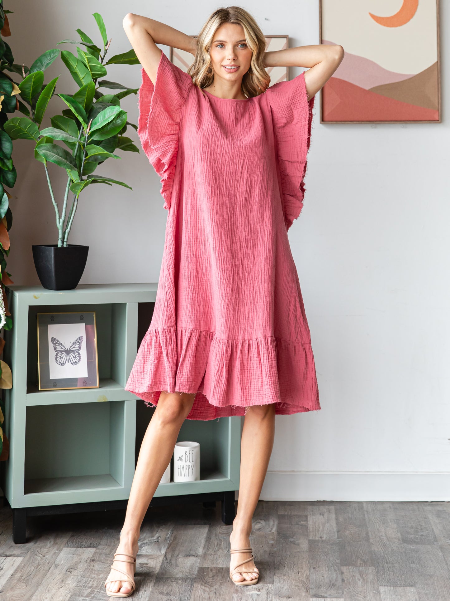 COTTON DOUBLE GAUZE Scalloped Top Sleeve Midi Dress