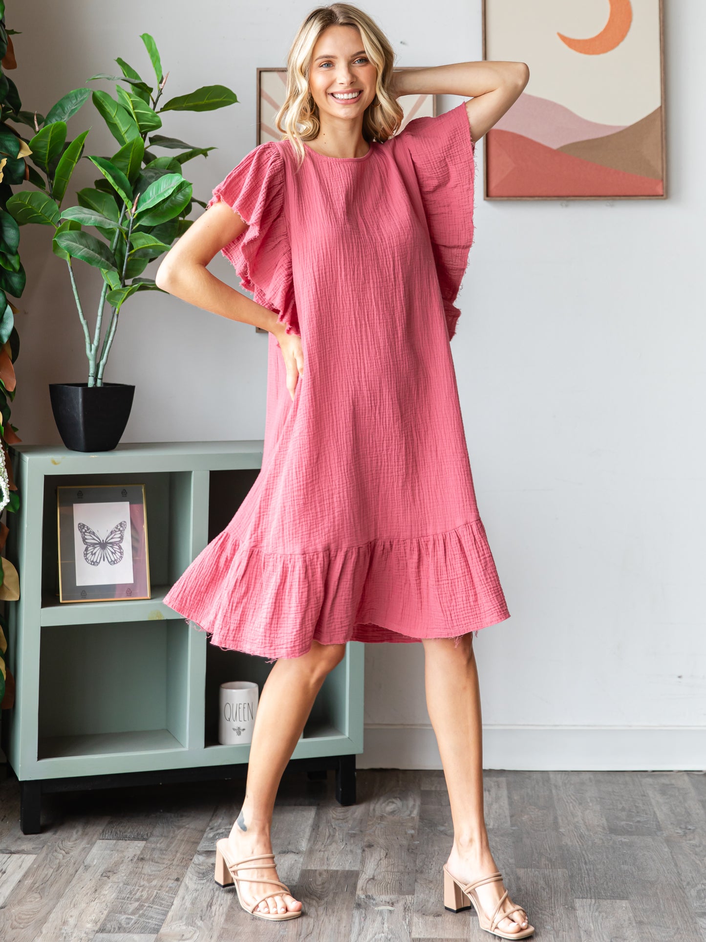 COTTON DOUBLE GAUZE Scalloped Top Sleeve Midi Dress