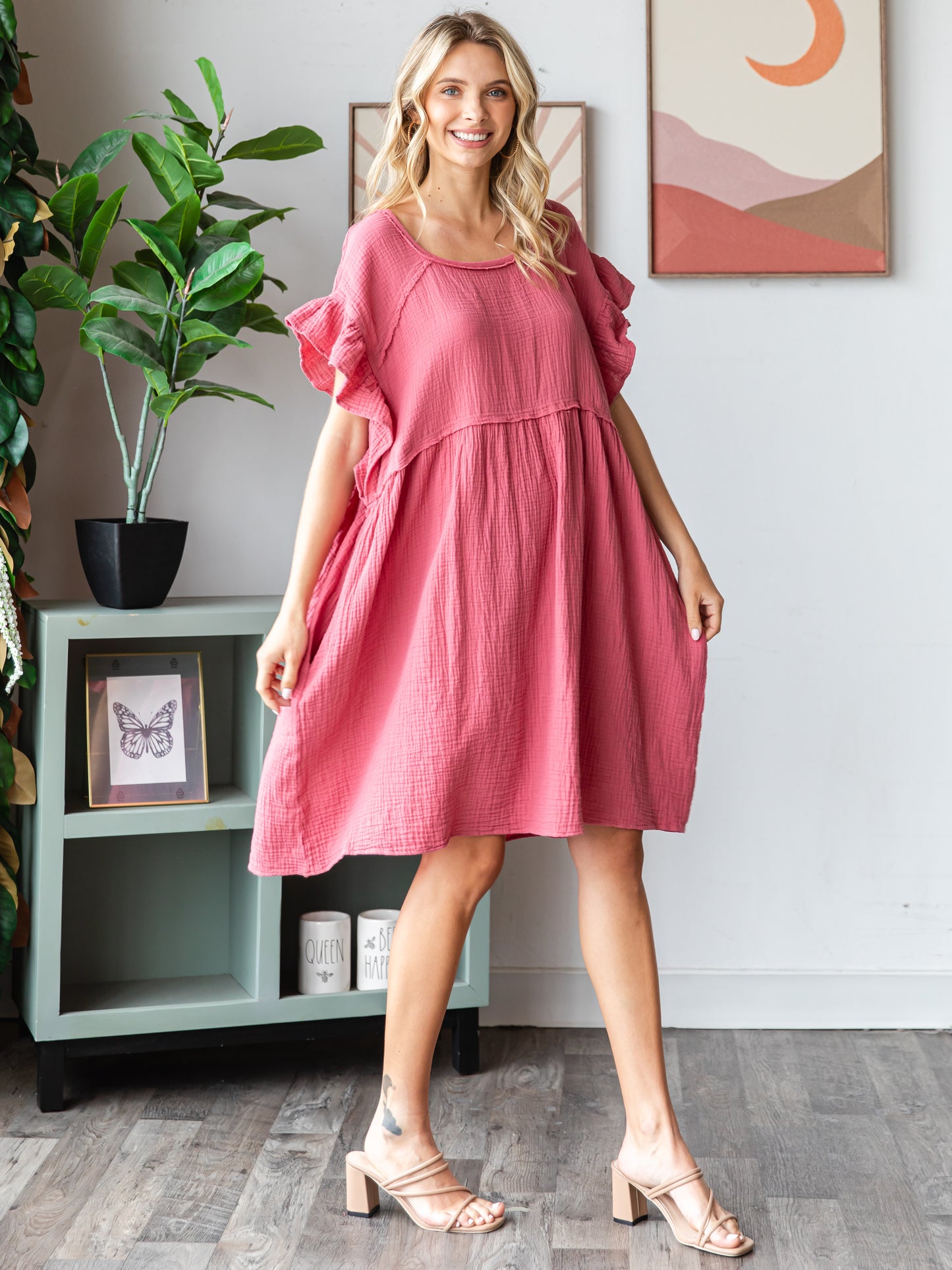 COTTON DOUBLE GAUZE Scalloped Sleeve Midi Dress