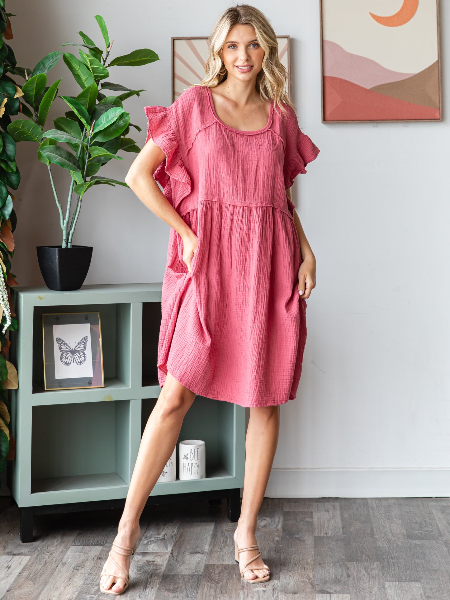 COTTON DOUBLE GAUZE Scalloped Sleeve Midi Dress