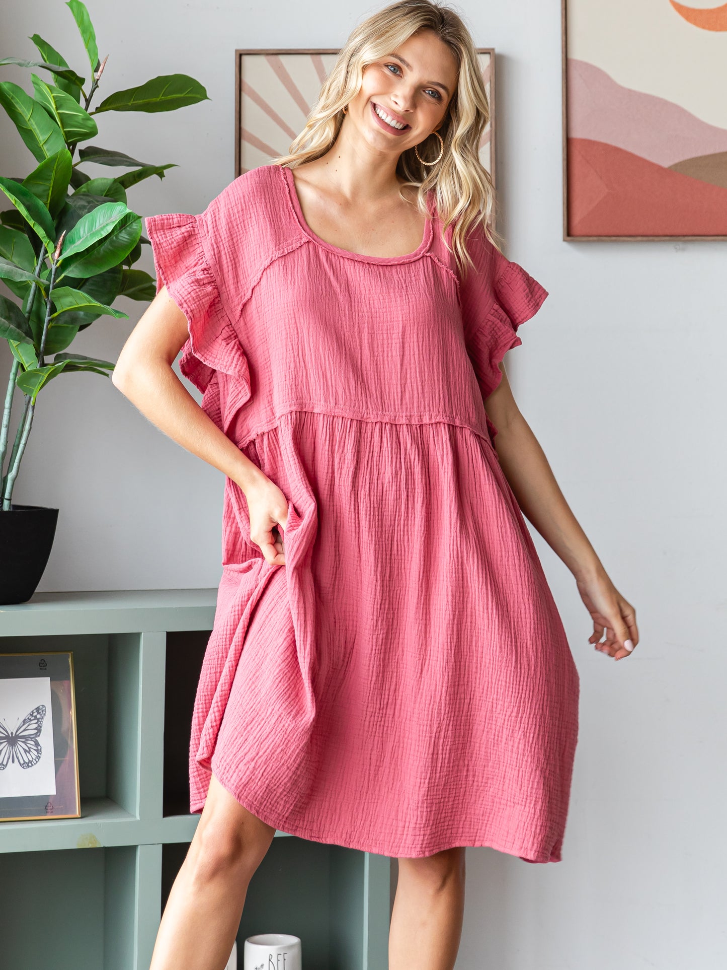 COTTON DOUBLE GAUZE Scalloped Sleeve Midi Dress