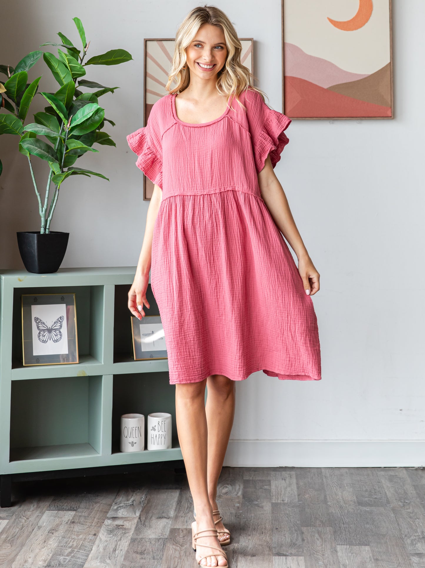 COTTON DOUBLE GAUZE Scalloped Sleeve Midi Dress