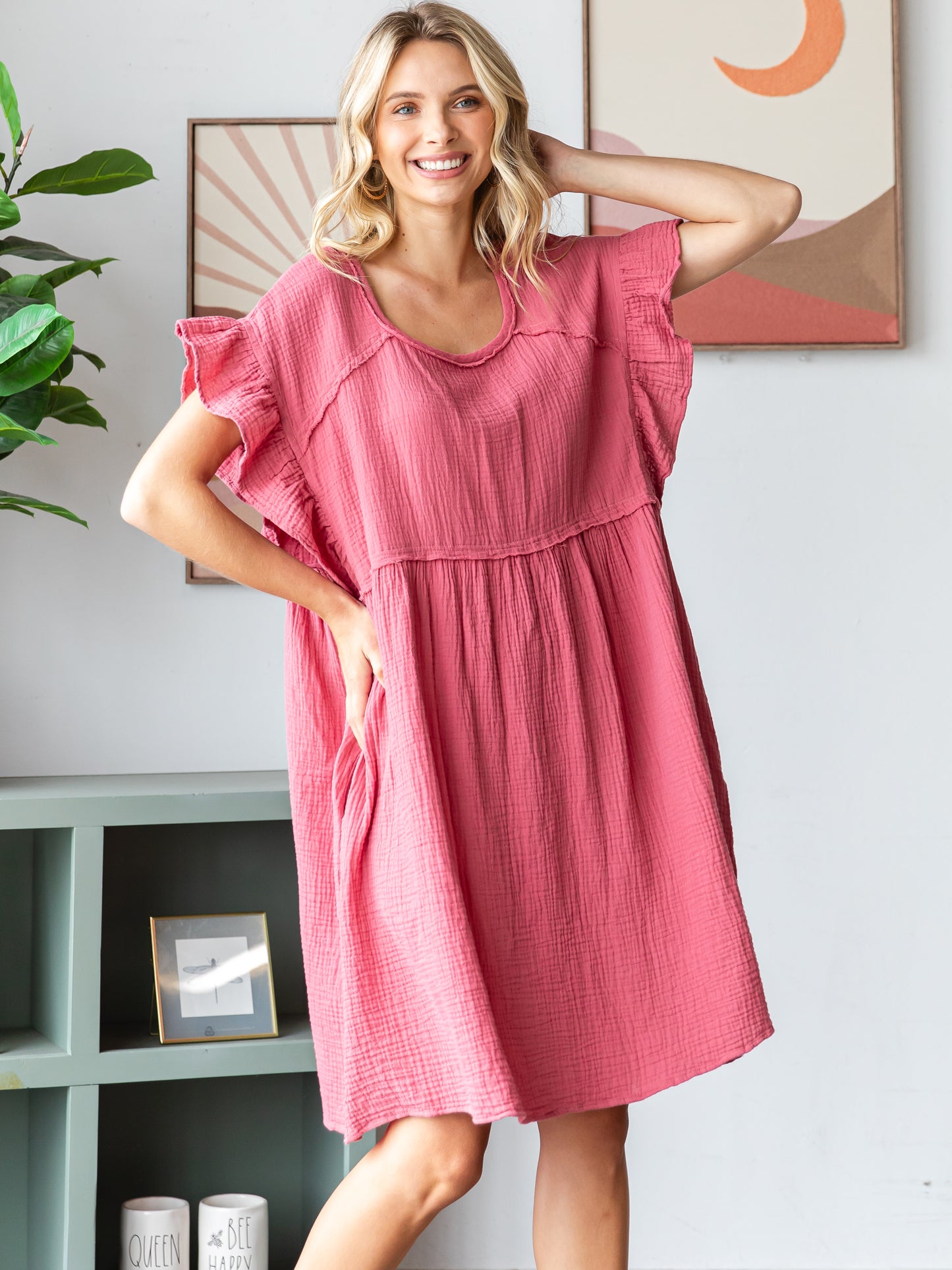 COTTON DOUBLE GAUZE Scalloped Sleeve Midi Dress